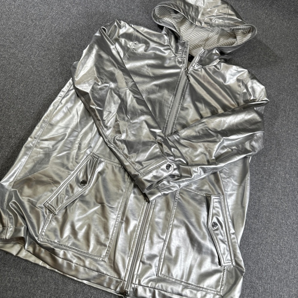 Bylyse Womens Silver Metallic Hooded Jacket Full Zip Coat Size Large